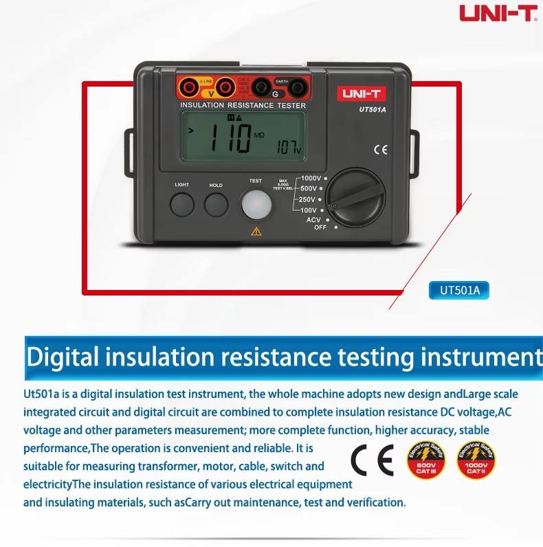 UNI-T UT501A Digital Insulation Resistance Testers 0-1000V , up to 5.5G Ohm Multi-function Ohm Tester
